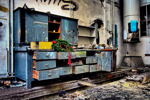 opened blue wooden dresser, lost places, workshop, leave, old HD wallpaper