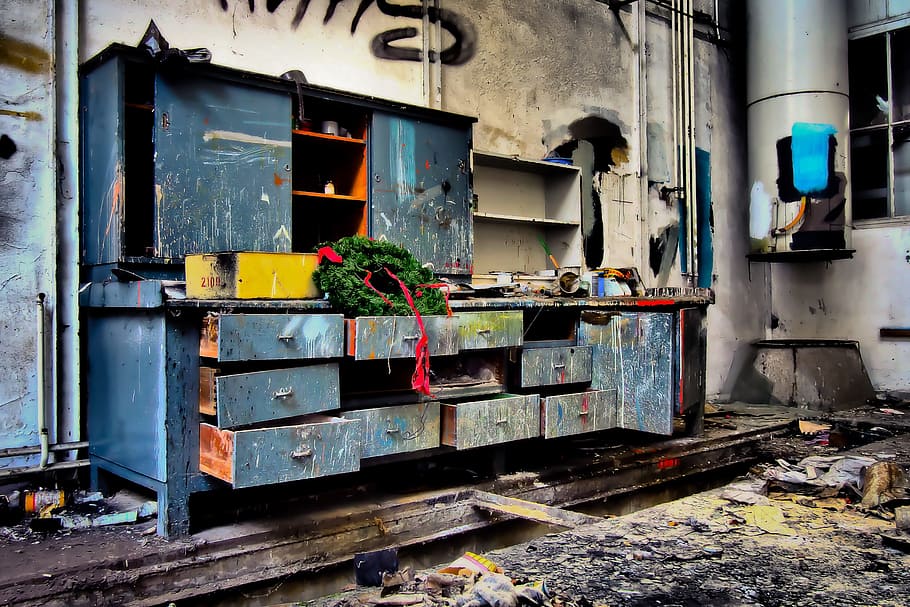 opened blue wooden dresser, lost places, workshop, leave, old HD wallpaper