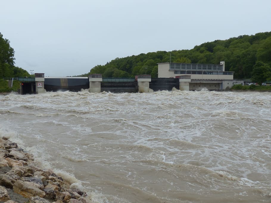 Lock, Weir, High Water, Dam, Barrage, power plant, danube, rainy weather, HD wallpaper