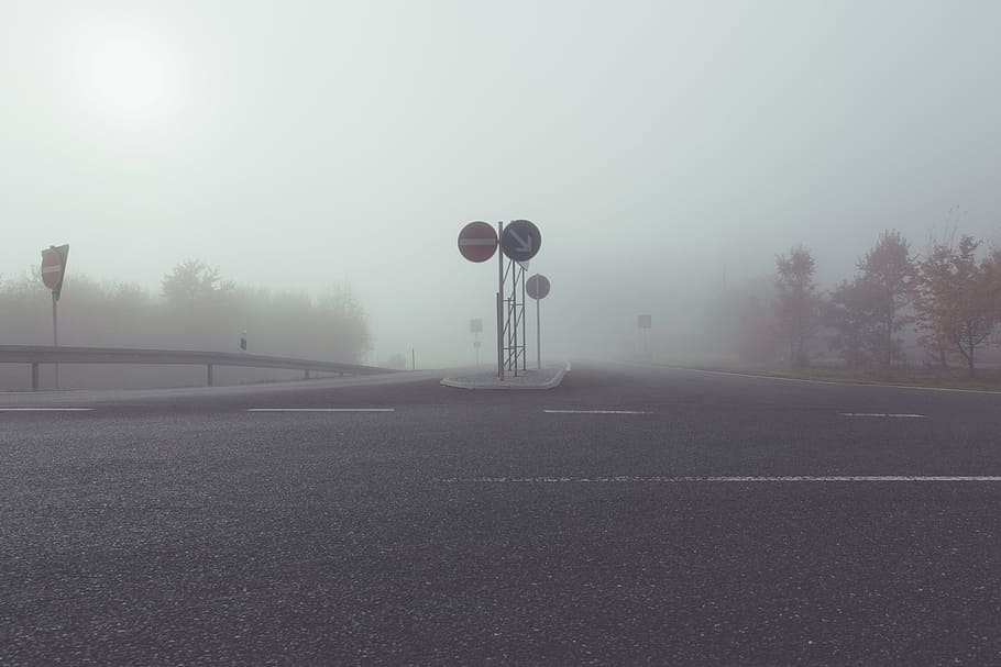 red and blue road signages, fog, highway, tar, central reservation HD wallpaper