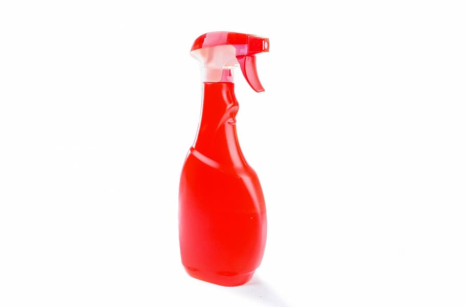 red plastic spray bottle, household, surface, shine, polish, isolated