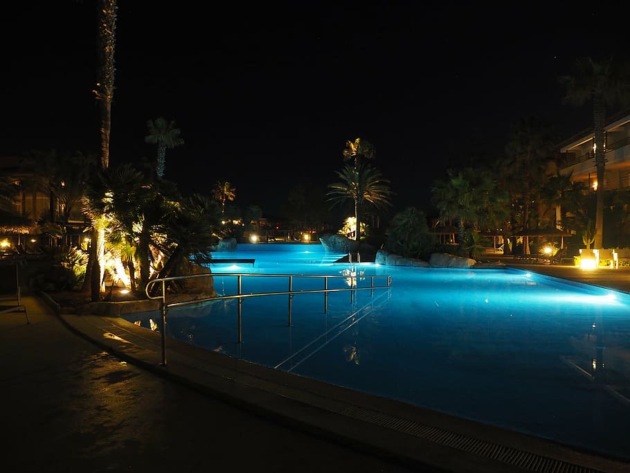 pool, light, mood, lights, atmosphere, abendstimmung, blue HD wallpaper