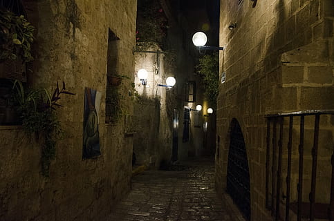 lighted wall lamps on hallway, jaffa, night, israel, architecture HD wallpaper