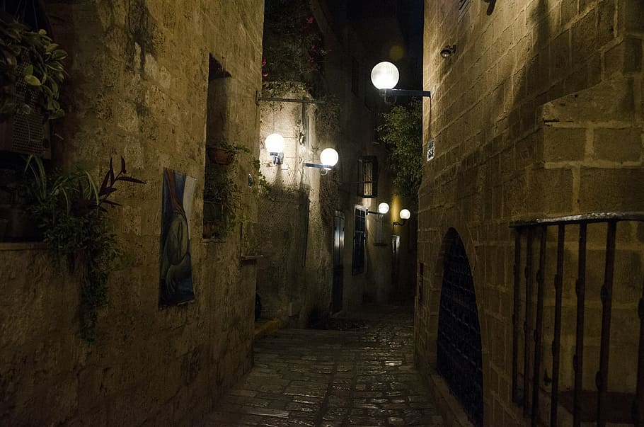 lighted wall lamps on hallway, jaffa, night, israel, architecture HD wallpaper