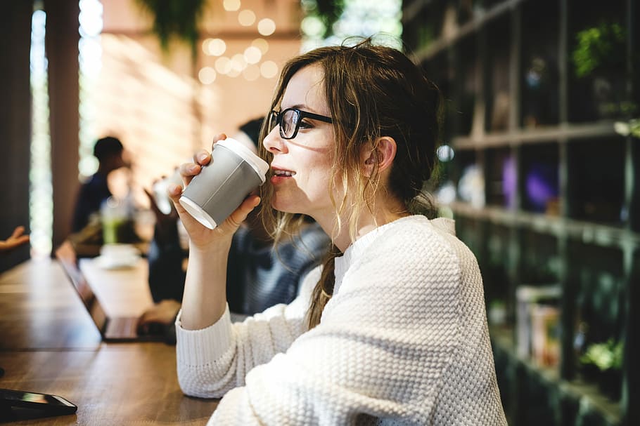 woman drinking coffee inside room, female, cup, sat, cafe, beverage, HD wallpaper