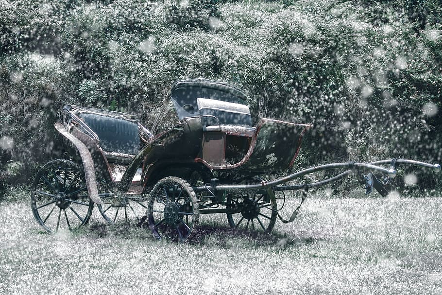 study, winterfall, snow, old, wheel, old-fashioned, transportation HD wallpaper