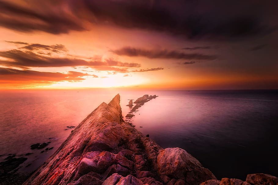 brown mountain during sunset photography, spain, sea, ocean HD wallpaper