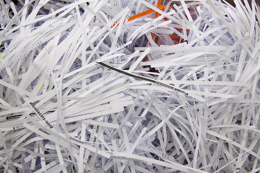 white shredded paper scraps, shredder, mechanically, device, grinder