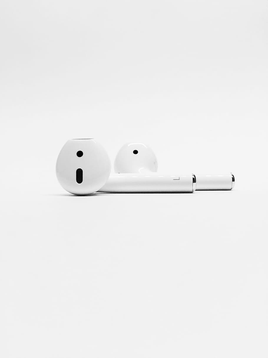 Apple AirPods, white Bluetooth earphones, minimal, black and white