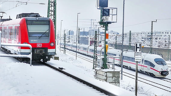 transport system, winter, snow, traffic, horizontal, train HD wallpaper
