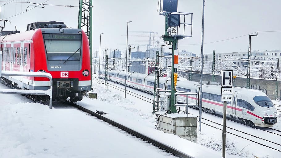 transport system, winter, snow, traffic, horizontal, train HD wallpaper