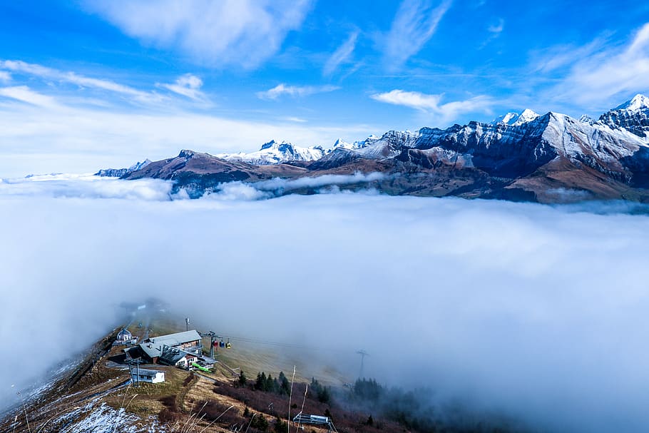 landscape photography of snowy mountains covered with fog, cloud HD wallpaper