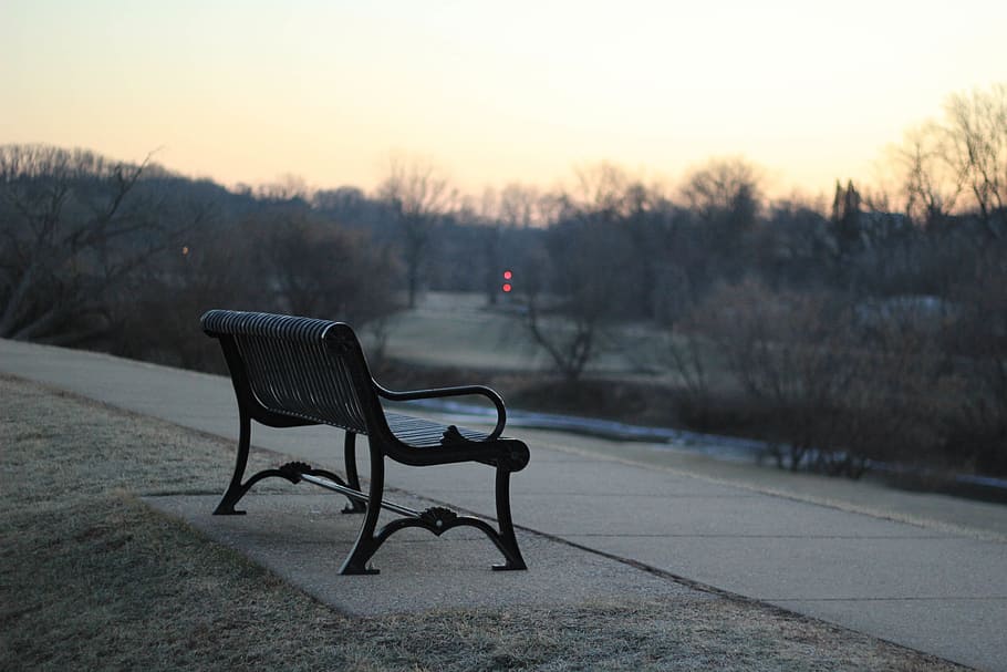 black bench chair beside the road, seating, tranquil, outdoors HD wallpaper
