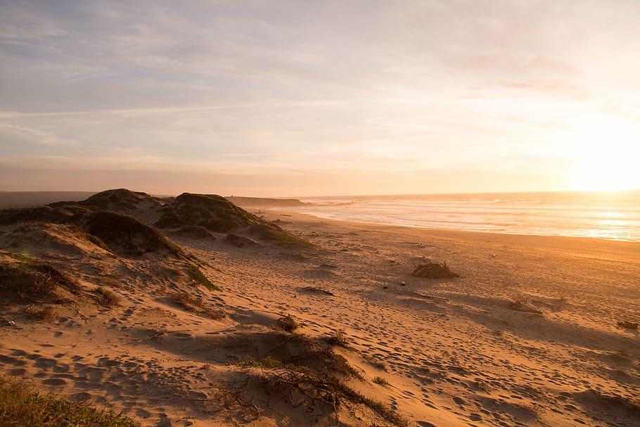 hills near shore during golden hour, brown, sand, photography HD wallpaper