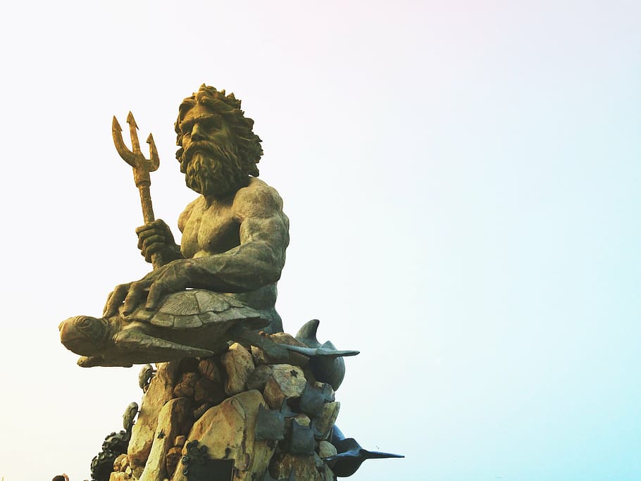 focus photography of Poseidon statue, ocean, sea, mythology, landmark, HD wallpaper