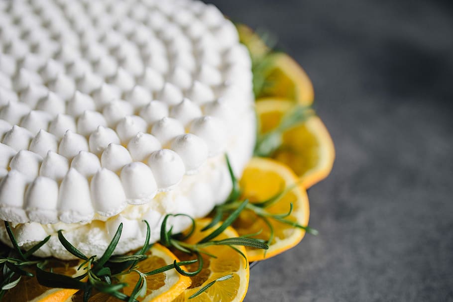 Meringue Cake with whipped cream and oranges, fruit, dessert HD wallpaper