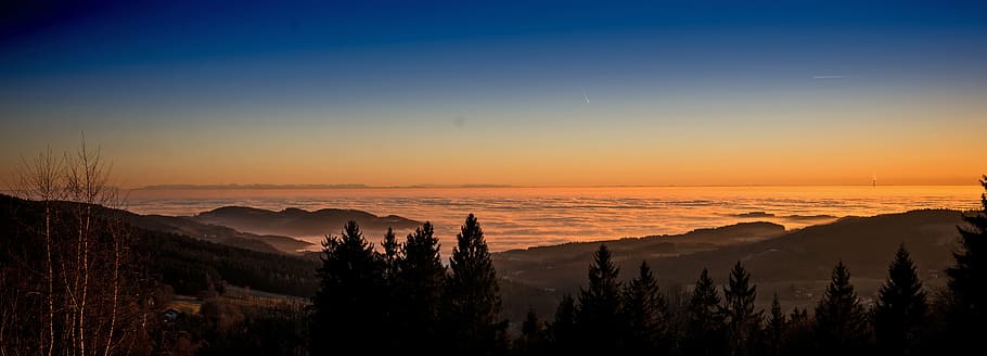 sunset, fog, mood, sky, scenics - nature, tranquil scene, beauty in nature HD wallpaper