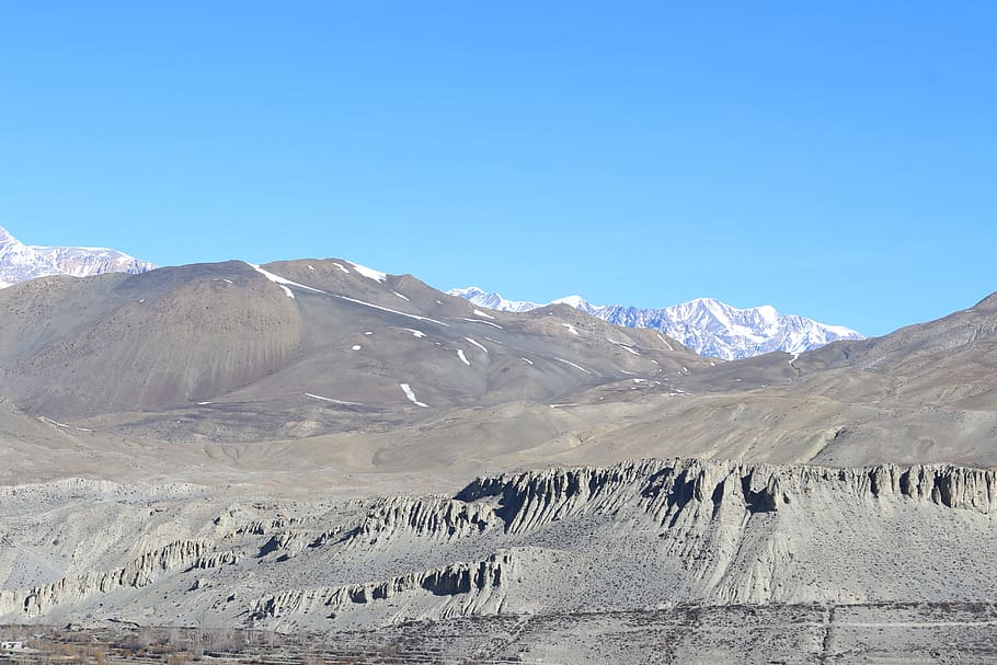 Mountains, Dry, Rock, Bare, Lifeless, cold desert, peaks, snowclad, HD wallpaper