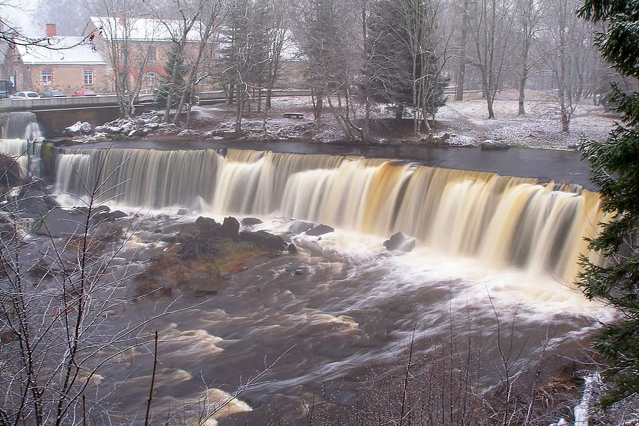 waterfall, flowing, river, cascade, stream, landscape, tree HD wallpaper
