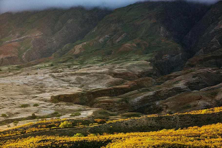 green and gray mountain, nature, landscape, scenics, yellow, outdoors HD wallpaper