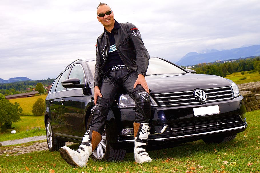 vehicle, auto, vw, human, portrait, leather jacket, leather pants HD wallpaper