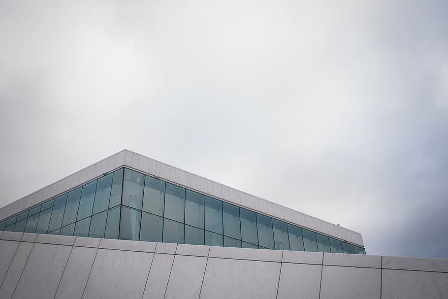low-angle photo of gray concrete building with green glass windows HD wallpaper