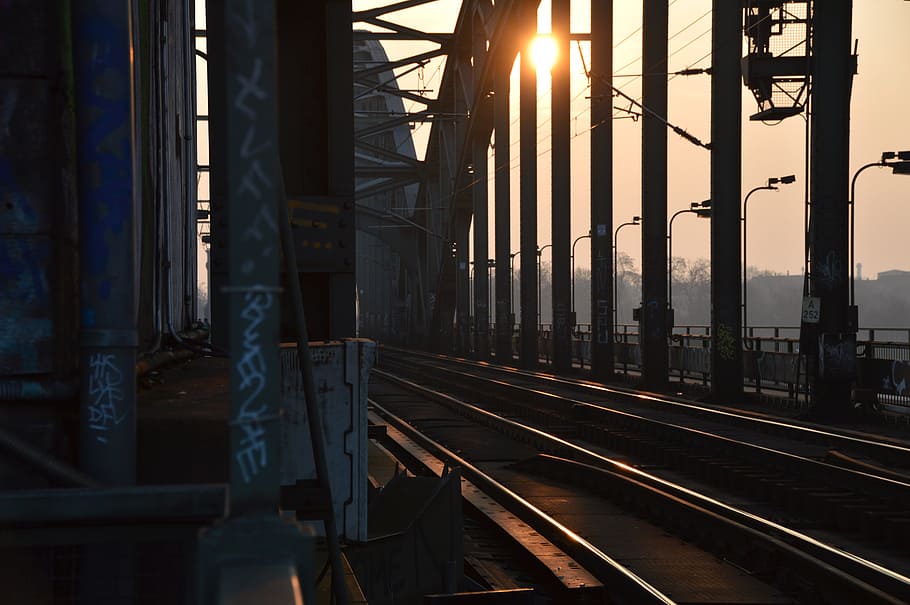 sunrise and railway photo, Evening, Train, seemed, bridge, railroad ties, HD wallpaper
