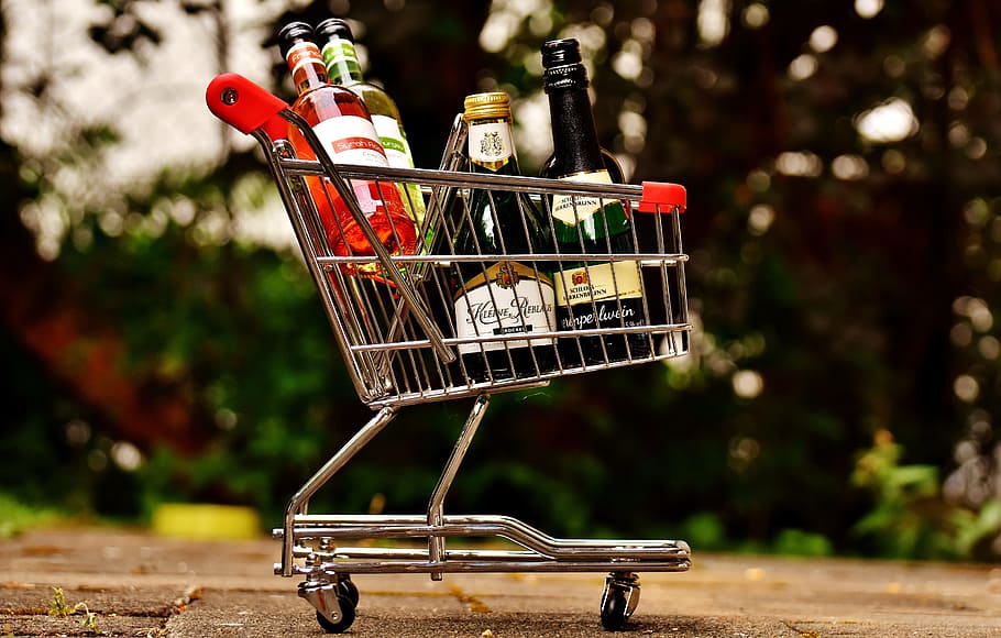 Shopping Cart, Wine Bottles, sale, business, purchasing, market, HD wallpaper