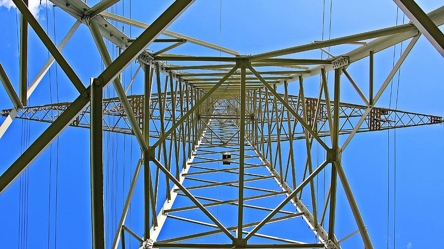 low-angle photography of grey tower, pylon, current, electricity HD wallpaper