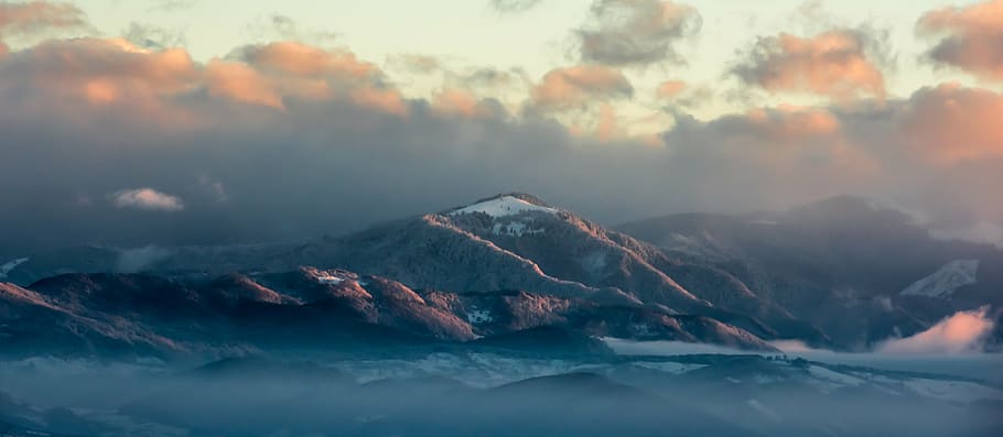 mountain covered by snow under cloudy sky, nature, landscape
