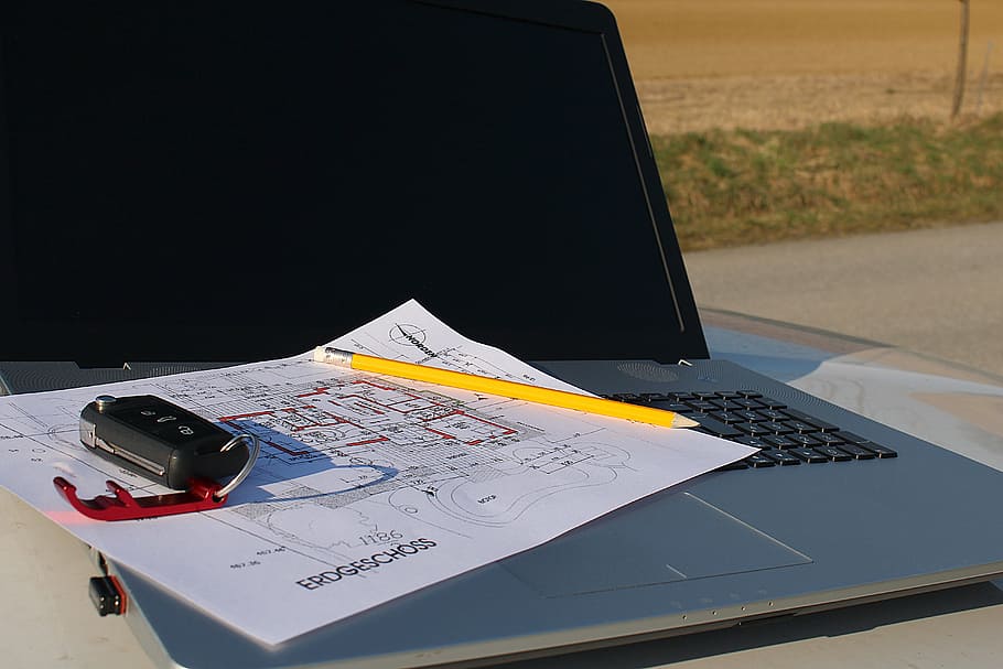 building plan, laptop, visit, site, table, paper, technology HD wallpaper