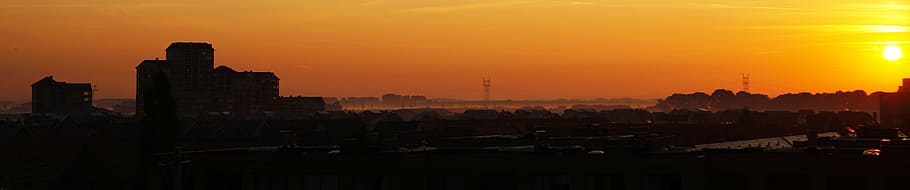 city, dawn, dusk, panoramic, pollution, silhouette, sky, skyline HD wallpaper