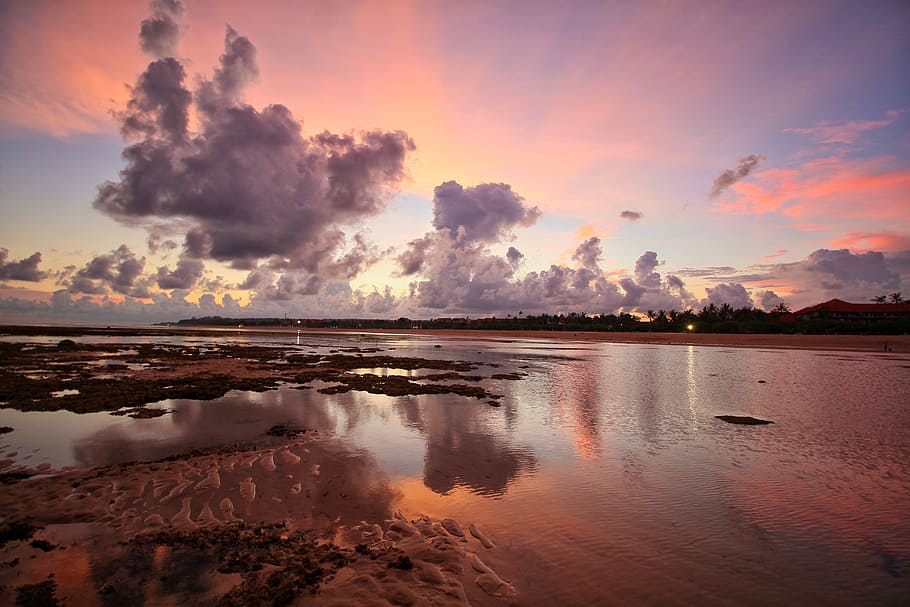 water, sunset, dawn, reflection, dusk, landscape, sky, nature HD wallpaper