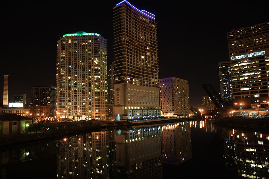 Chicago, River, Night View, Lights, architecture, buildings HD wallpaper
