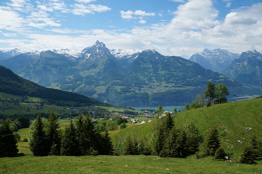 amden, panorama, walensee, lake, alpine, mountain, nature, landscape HD wallpaper