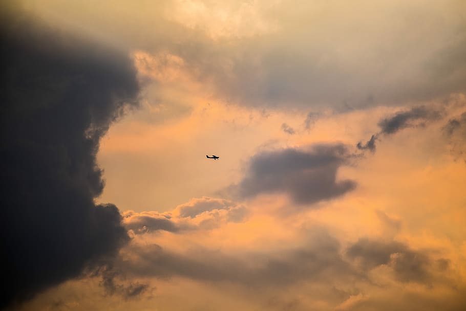 plane flying under clouds, airliner on air, sky, sunset, light HD wallpaper