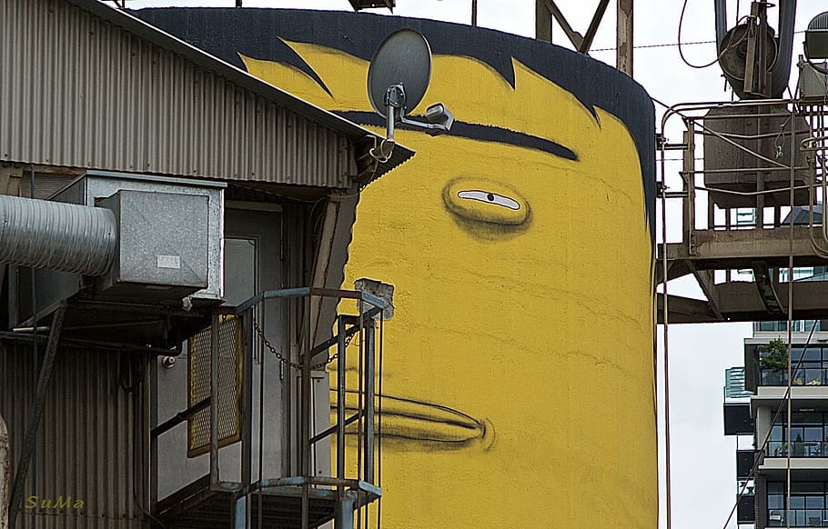 suspicious, concrete, silo, vancouver, granville island, yellow, HD wallpaper