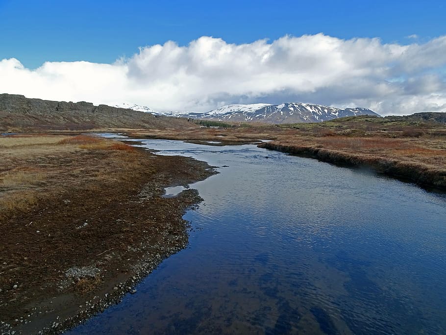 river, glacier, mountain, iceland, pingvellir, crystal clear HD wallpaper