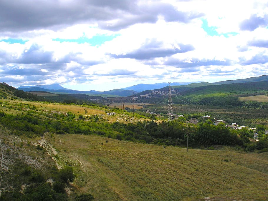 crimea, landscape, sky, clouds, mountains, forest, trees, valley HD wallpaper