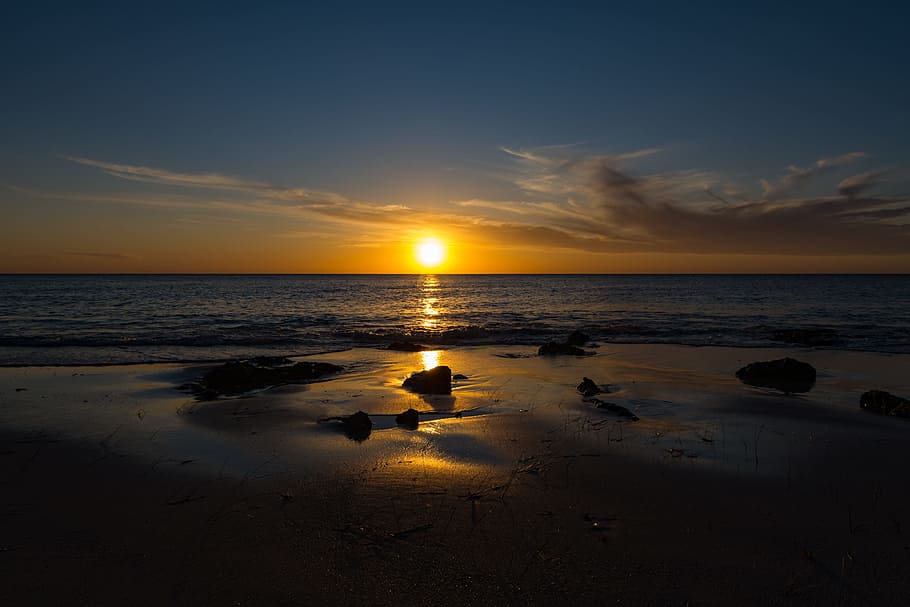 sunset, beach, rocks, sky, water, sea, horizon over water, scenics - nature HD wallpaper