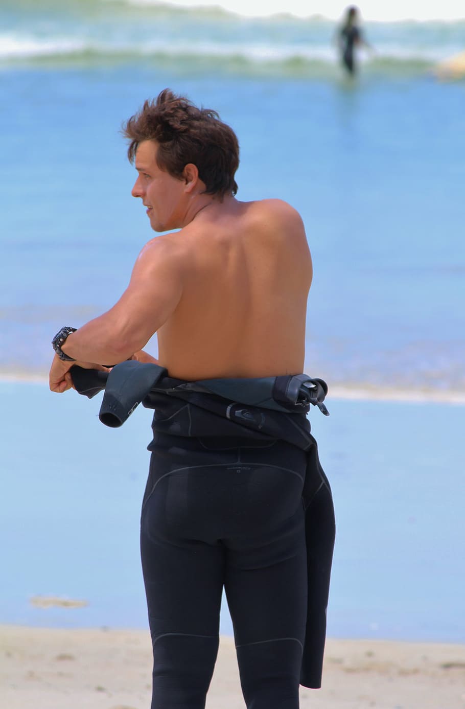 man, young man, move, wetsuit, surfer, attract, beach, sea HD wallpaper