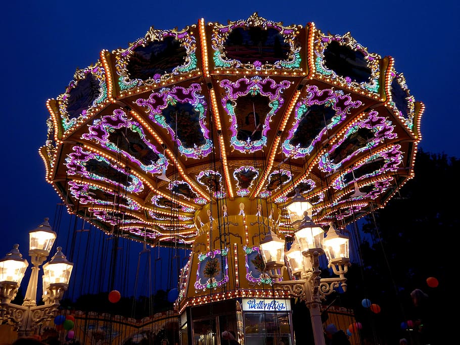 round purple and teal floral decor with turned on lights, bremer freimarkt, HD wallpaper