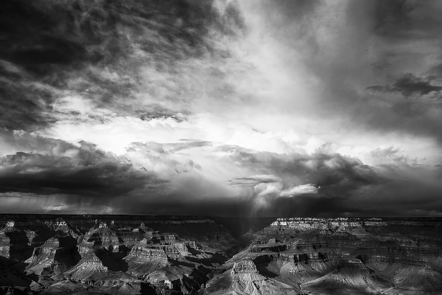 grayscale photo of mountains, cloud, night, dark, mountain range HD wallpaper