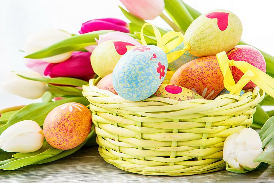 Easter basket with eggs, various, easter Egg, springtime, multi Colored, HD wallpaper