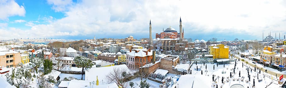 house village under white clouds, istanbul, sultanahmet, snow HD wallpaper