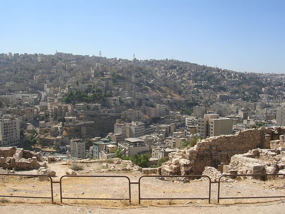 birds eye view of city landscape, amman, jordan, citadel hill, HD wallpaper