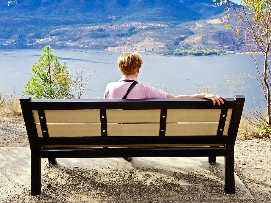 person, sitting, peace, bench, view, tranquility, rear view HD wallpaper