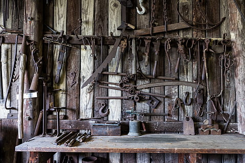assorted tools, blacksmith, shop, rustic, old, antique, vintage HD wallpaper