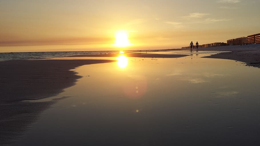 sunset, reflection, beach, water, sky, sea, land, scenics - nature HD wallpaper