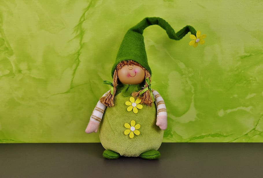 brown-haired female doll, spring imp, green, funny, dwarf, cute HD wallpaper